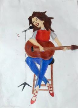 A lady singing playing the guiter.